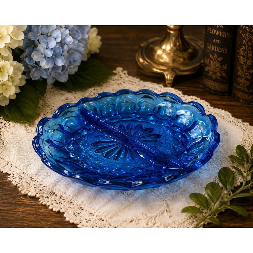 Vintage Cobalt Blue Pressed Glass Divided Relish Dish Floral Scalloped 7"